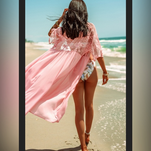 #46 Peach Floral Mesh Lace Open Front Kimono/Duster - Picture 2 of 10